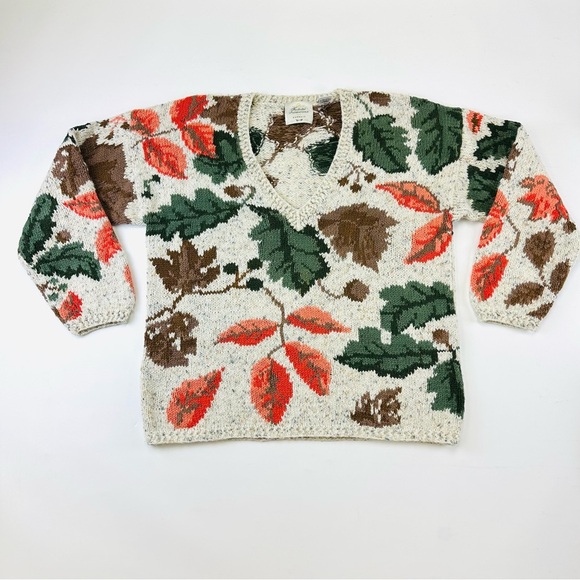 Vintage 90s autumn leaves Oversize Sweater Vneck Womens Medium - Picture 7 of 9